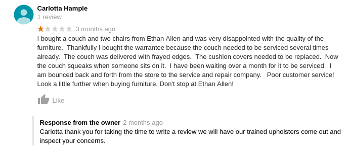 Ethan Allen/Google negative review